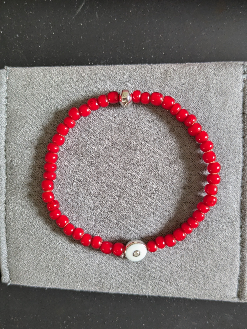 Jac + Jo (Anzie) Red Beaded, Sterling Silver Stretch Bracelet with Accent Charm
